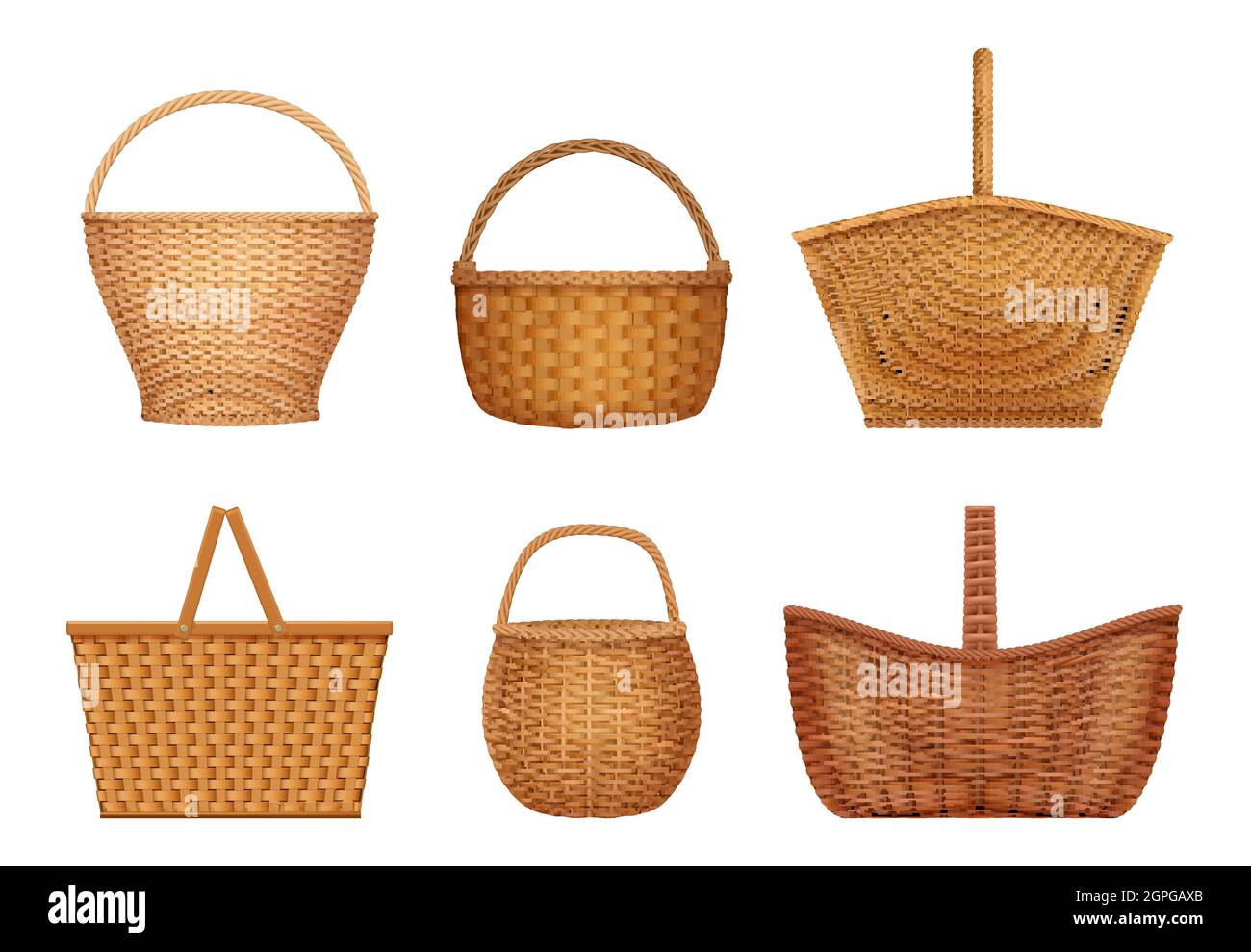 Wicker basket. Handcraft decorative picnic containers for nature products vector realistic illustrations Stock Vector