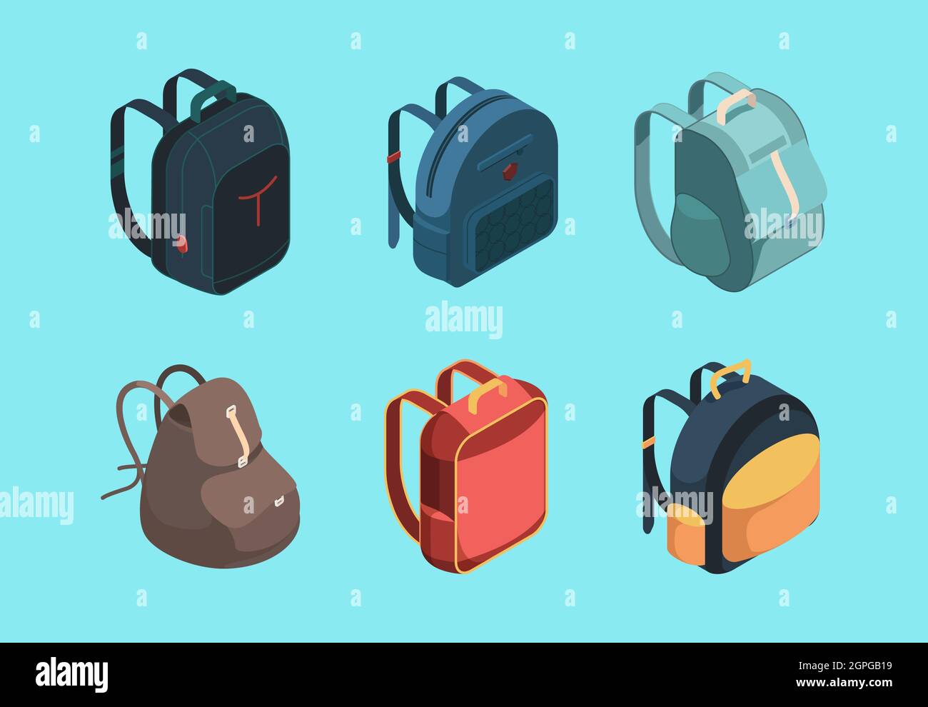Bag pack isometric. Schoolbag for kids education symbols or baggage for travellers vector collection Stock Vector