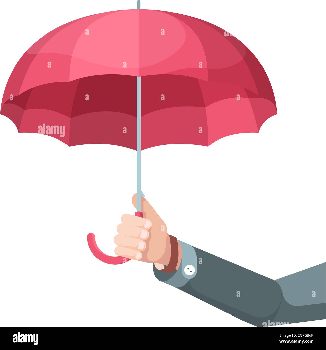 Umbrella in hand. Concept picture businessman holding big umbrella protection symbols vector flat background Stock Vector
