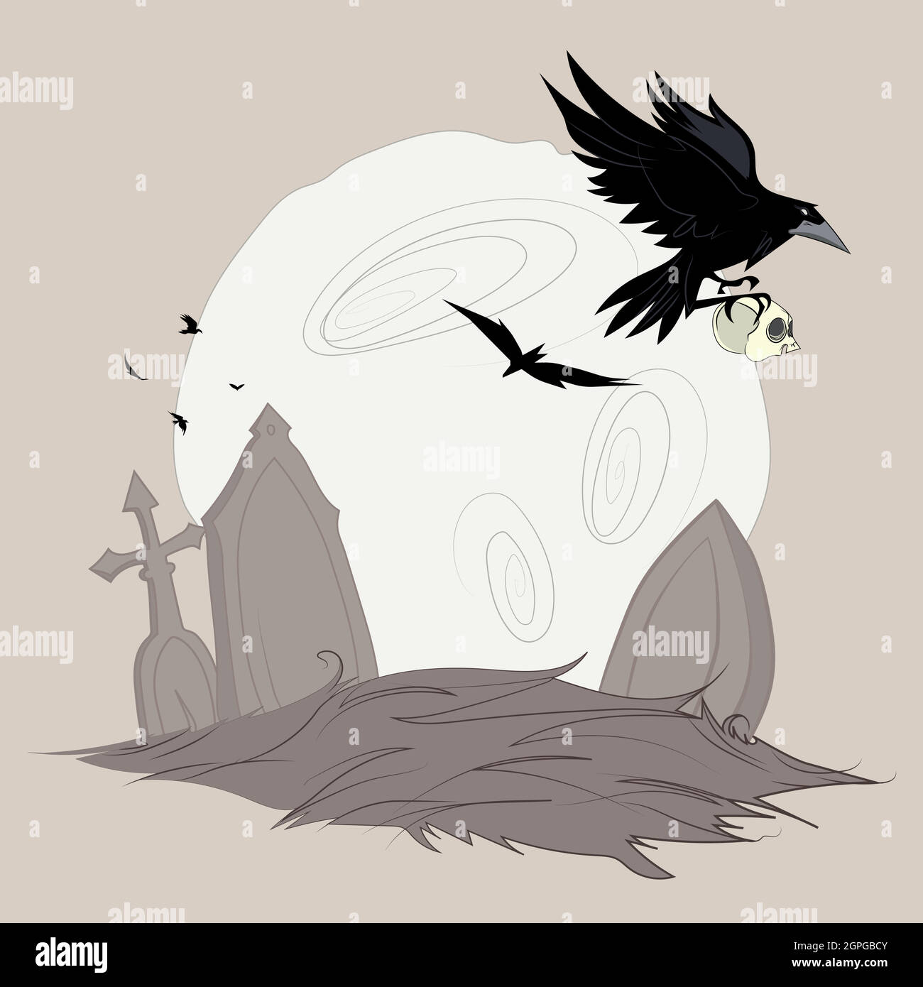 Halloween background with tombstone skull and crow Stock Vector