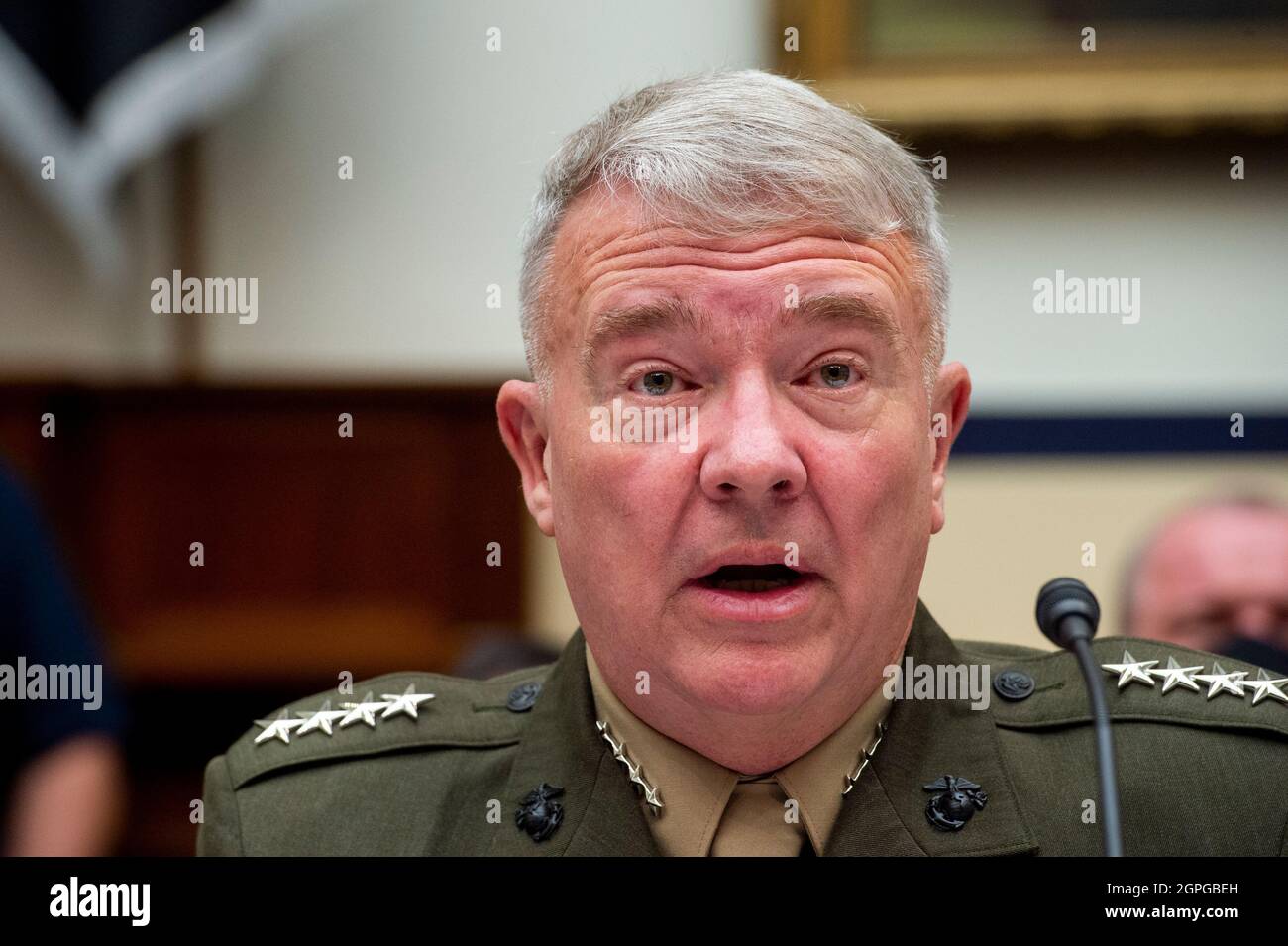 Washington, USA. 29th Sep, 2021. General Kenneth McKenzie Jr., USMC Commander, U.S. Central Command responds to questions during a House Armed Services Committee hearing on “Ending the U.S. Military Mission in Afghanistan” in the Rayburn House Office Building in Washington, DC, Wednesday, September 29, 2021. (Photo by Rod Lamkey/Pool/Sipa USA) Credit: Sipa USA/Alamy Live News Stock Photo