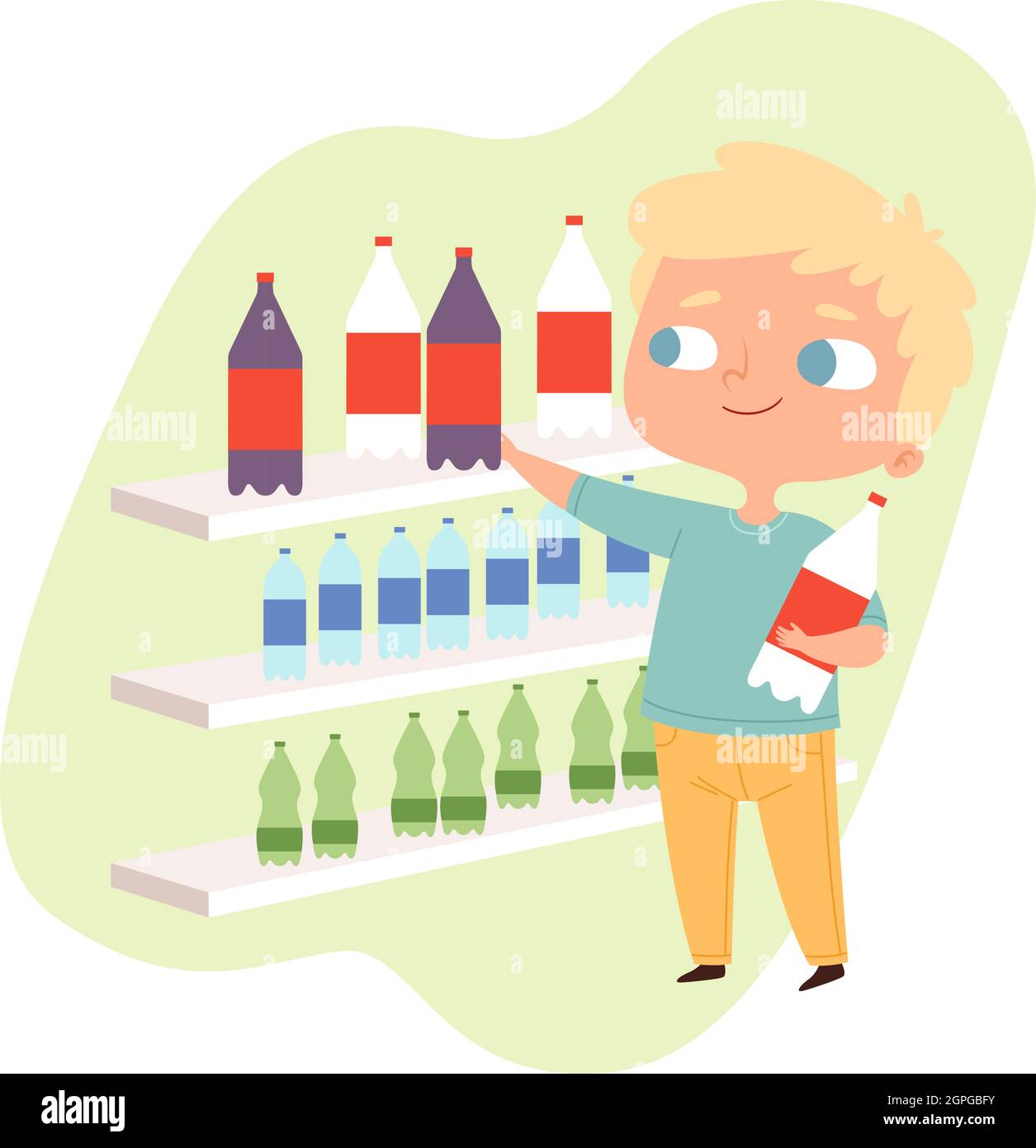 Boy buying drink. Cartoon baby male character, guy near grocery store