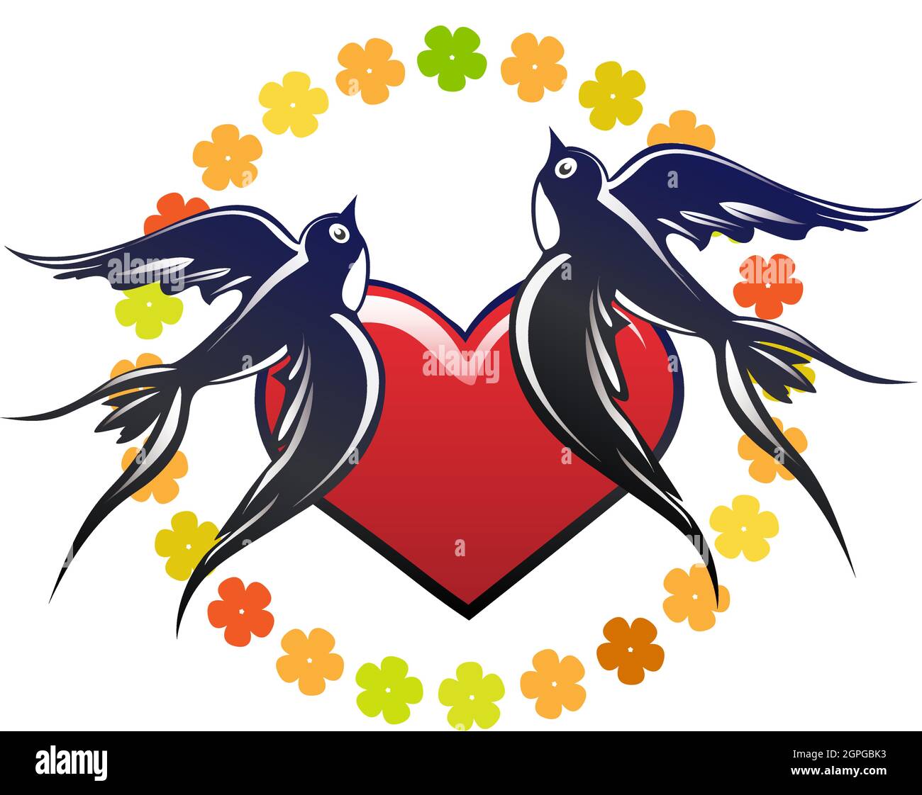 Emblem of Swallows and Heart in flower circle isolated on white. Vector illustration Stock Vector