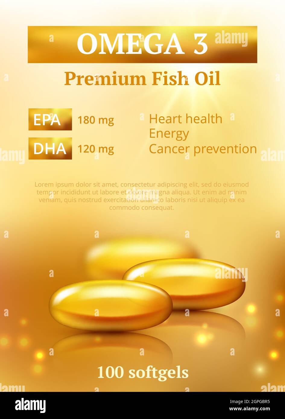Beauty ads background. Golden oil capsule premium design template with  molecules vitamin e or collagen vector realistic Stock Vector Image & Art -  Alamy