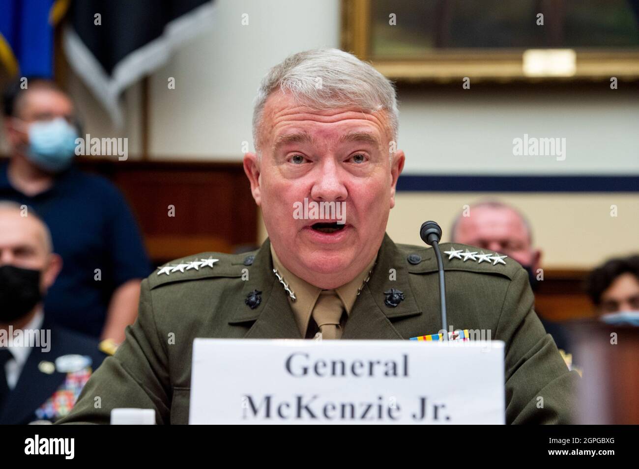 Washington, Vereinigte Staaten. 29th Sep, 2021. General Kenneth McKenzie Jr., USMC Commander, U.S. Central Command responds to questions during a House Armed Services Committee hearing on âEnding the U.S. Military Mission in Afghanistanâ in the Rayburn House Office Building in Washington, DC, Wednesday, September 29, 2021. Credit: Rod Lamkey/Pool via CNP/dpa/Alamy Live News Stock Photo