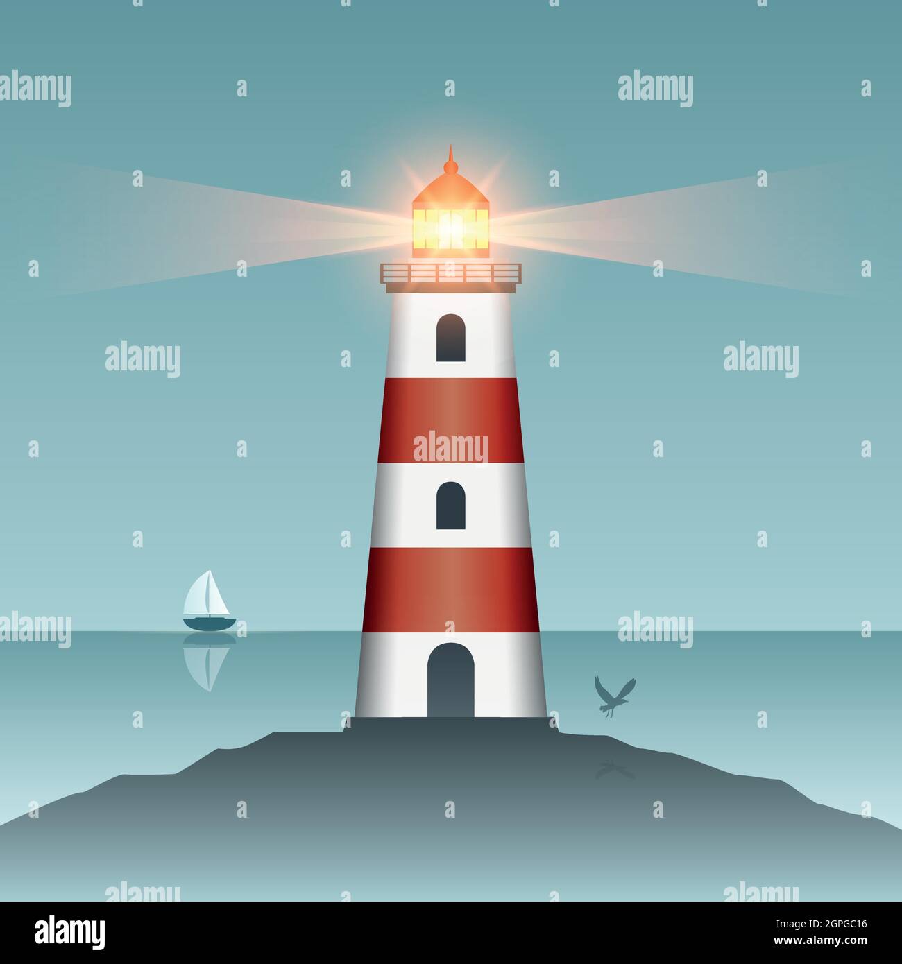 shining lighthouse at sunset with flying birds Stock Vector