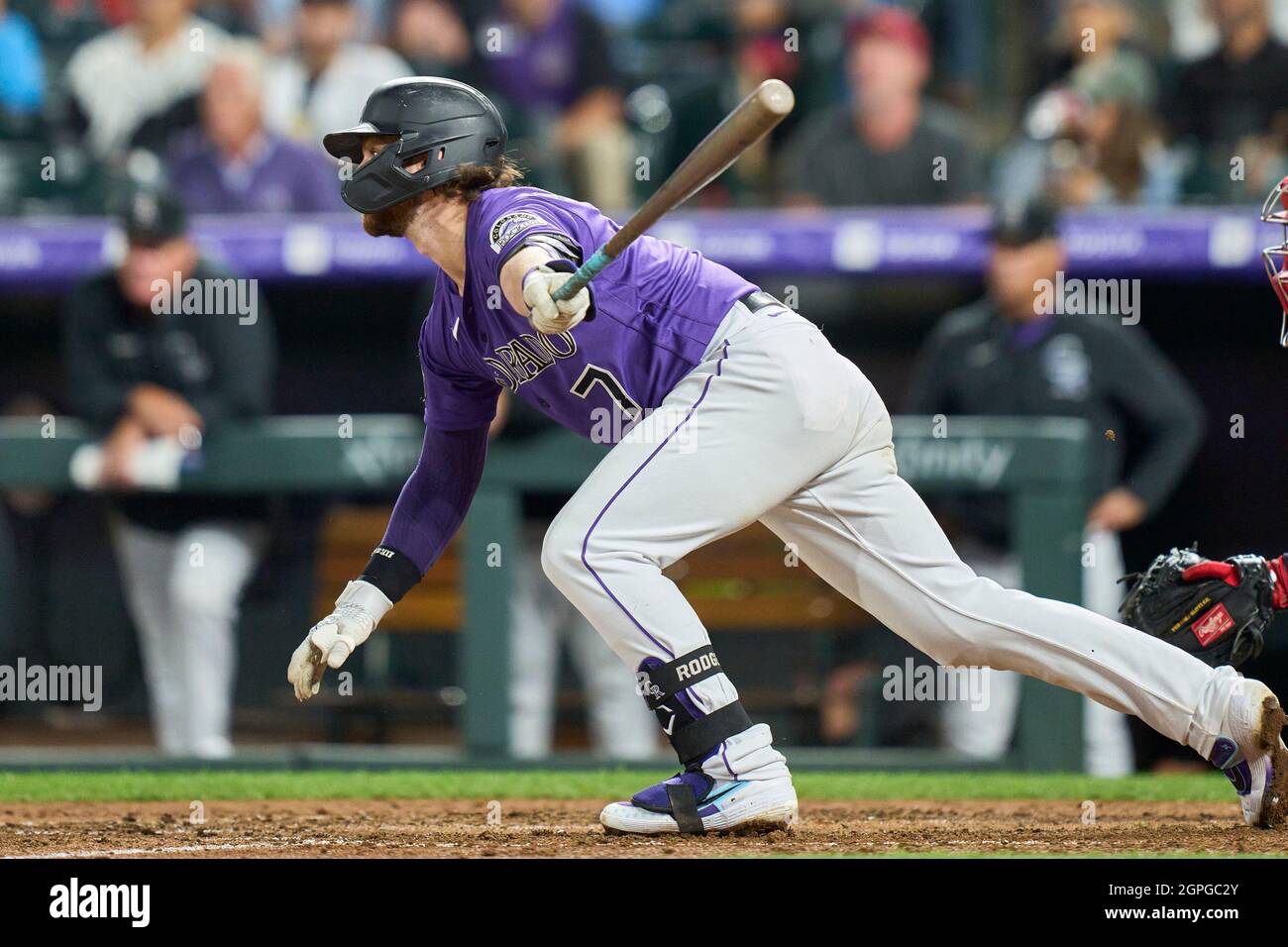 September 28 2021: Colorado second basemen Brendan Rodgers (7) hits a double during the game with Washington Nationals and Colorado Rockies held at Coors Field in Denver Co. David Seelig/Cal Sport Medi Stock Photo