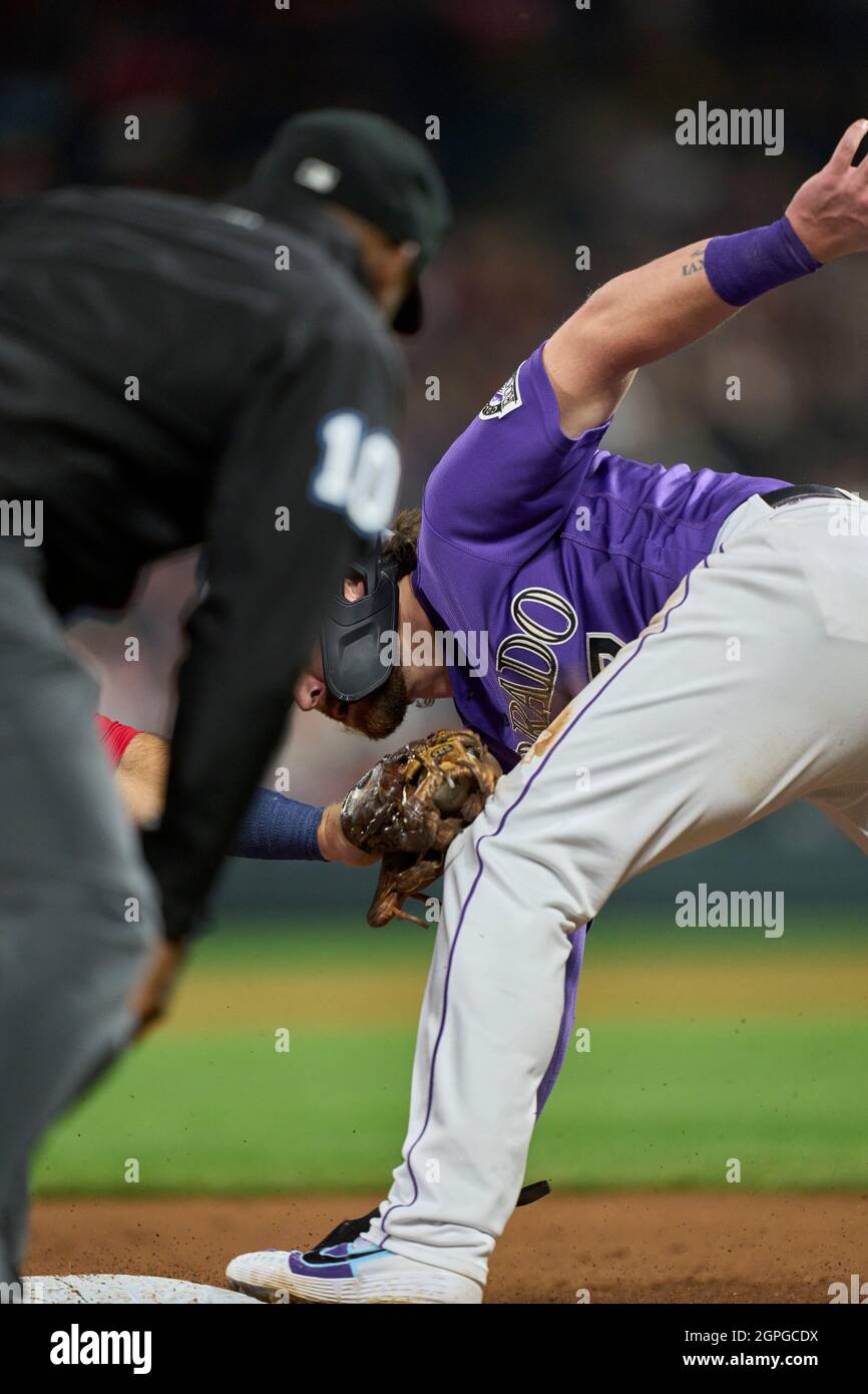 September 28 2021: Colorado second basemen Brendan Rodgers (7) slides into third during the game with Washington Nationals and Colorado Rockies held at Coors Field in Denver Co. David Seelig/Cal Sport Medi Stock Photo