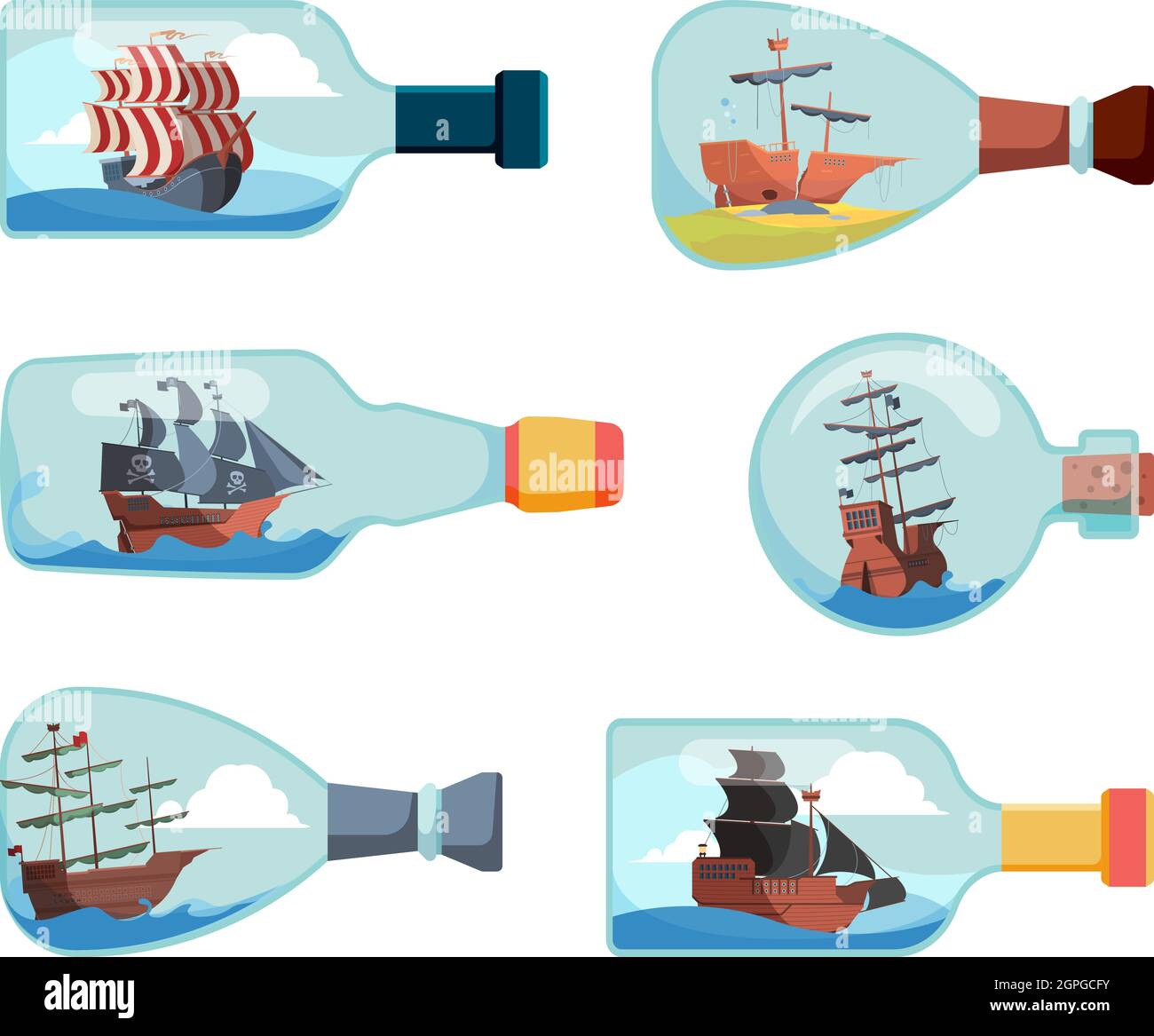 Ship in bottles. Decorative marine souvenir bottles boat vector illustrations Stock Vector