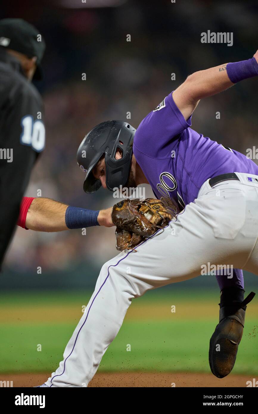 September 28 2021: Colorado second basemen Brendan Rodgers (7) slides into third during the game with Washington Nationals and Colorado Rockies held at Coors Field in Denver Co. David Seelig/Cal Sport Medi Stock Photo