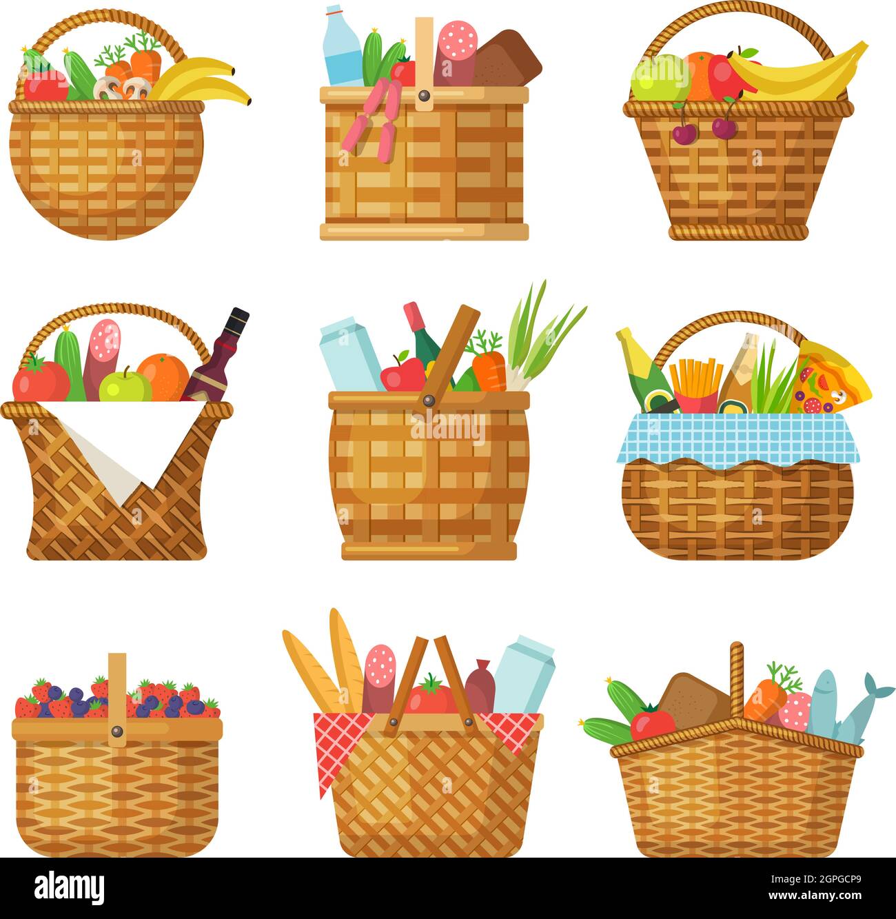 Basket with products. Handcraft picnic hamper with various food vegetables fruits vector baskets Stock Vector