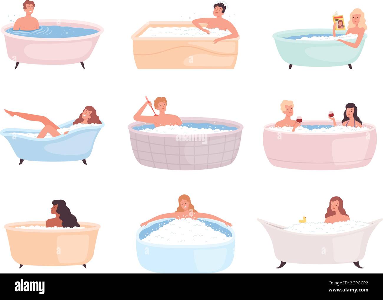 Bathtub Characters People Taking Bath Water Relax Therapy In Foam Happy Persons Washing Vector