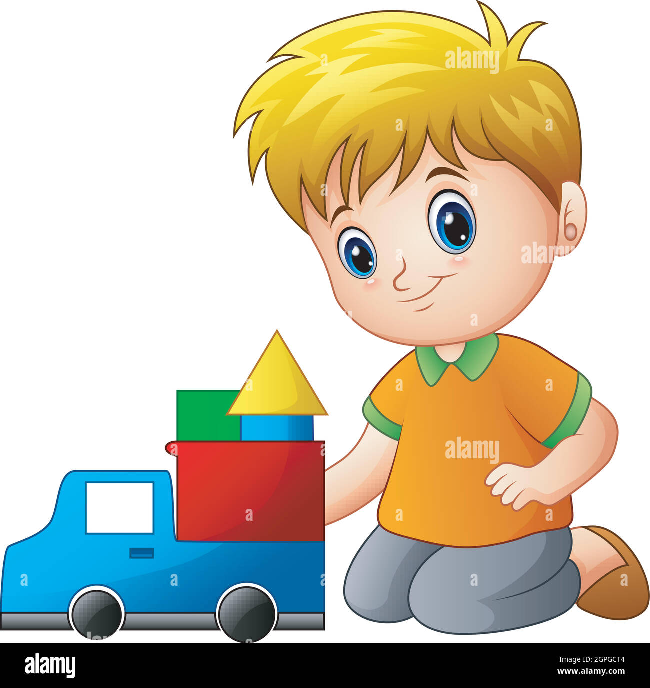 Happy little boy playing with toys, Stock vector