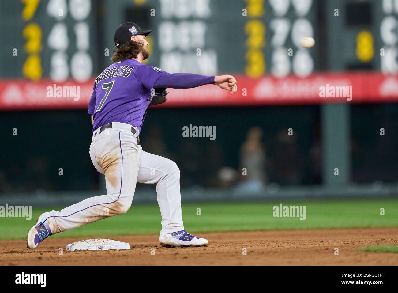 September 28 2021: Colorado second basemen Brendan Rodgers (7) makes a play during the game with Washington Nationals and Colorado Rockies held at Coors Field in Denver Co. David Seelig/Cal Sport Medi Stock Photo