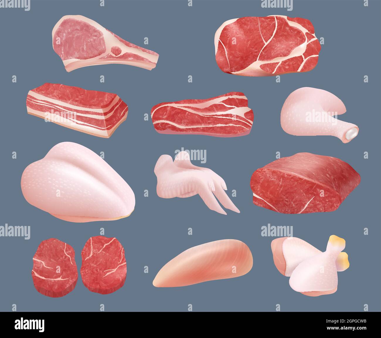 Raw meat. Plastic transparent packages with beef chicken pork and steak  products animals sliced parts vector realistic Stock Vector Image & Art -  Alamy