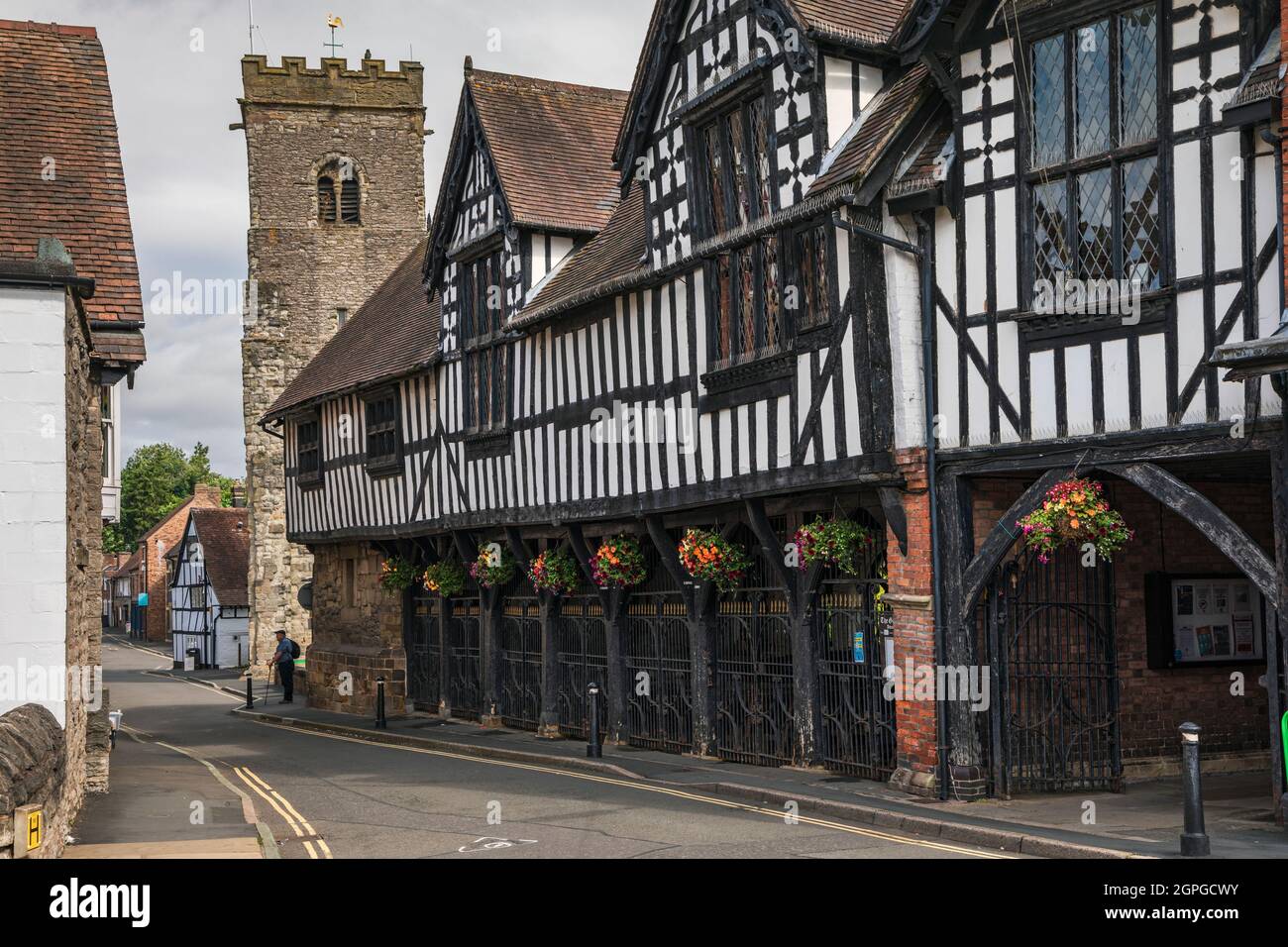 The Guildhall and Holy Trinity Church in Much Wenlock, Shropshire Stock Photo