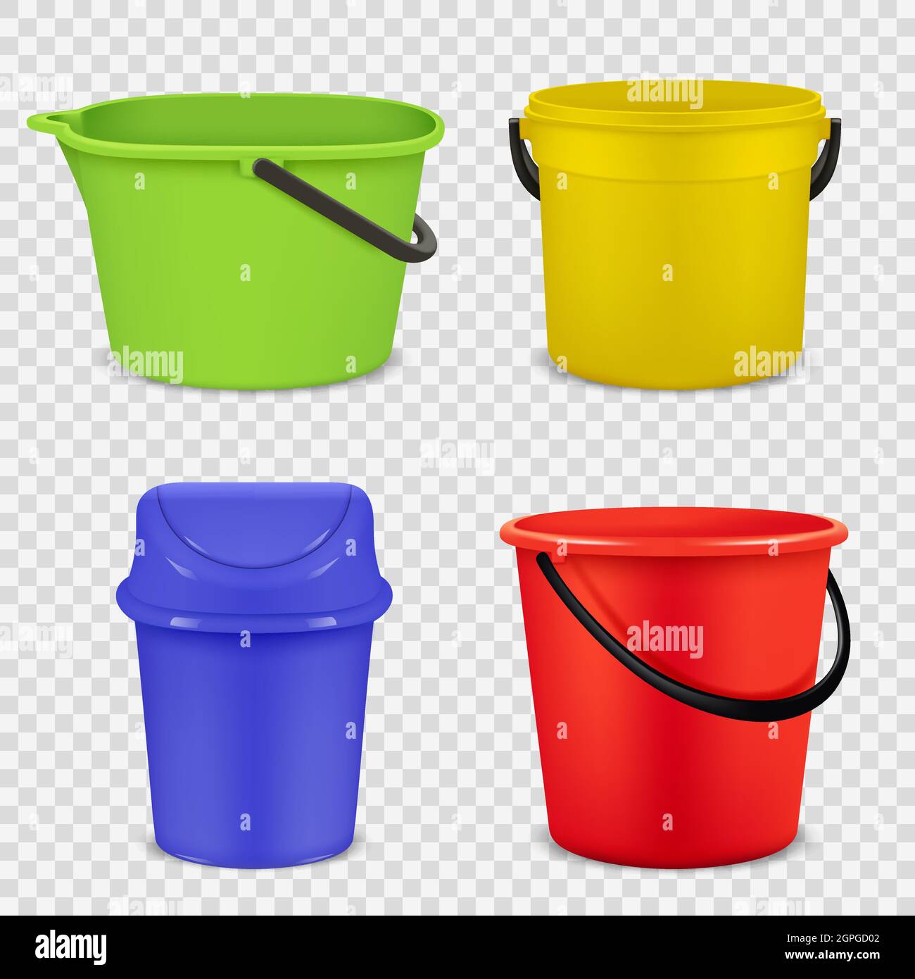 Realistic buckets. Metal and plastic material for water or garbage empty buckets vector 3d