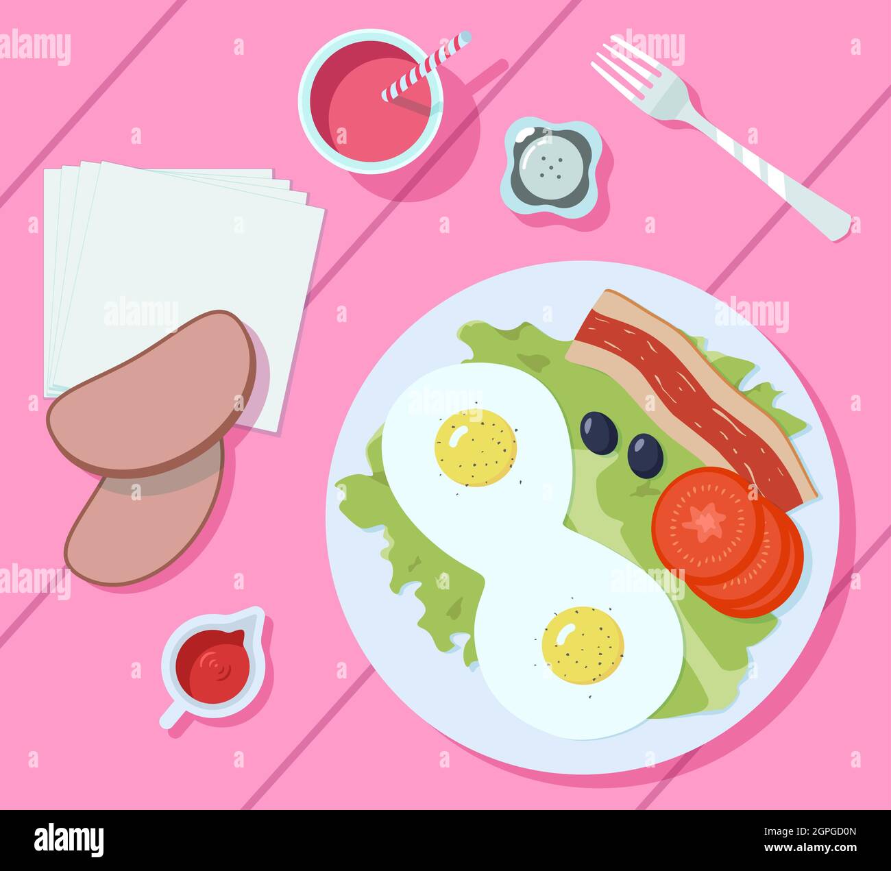 Breakfast on the table, top view. Vector illustration of a delicious morning meal, juice, bread and fried eggs. Flat style. Stock Vector