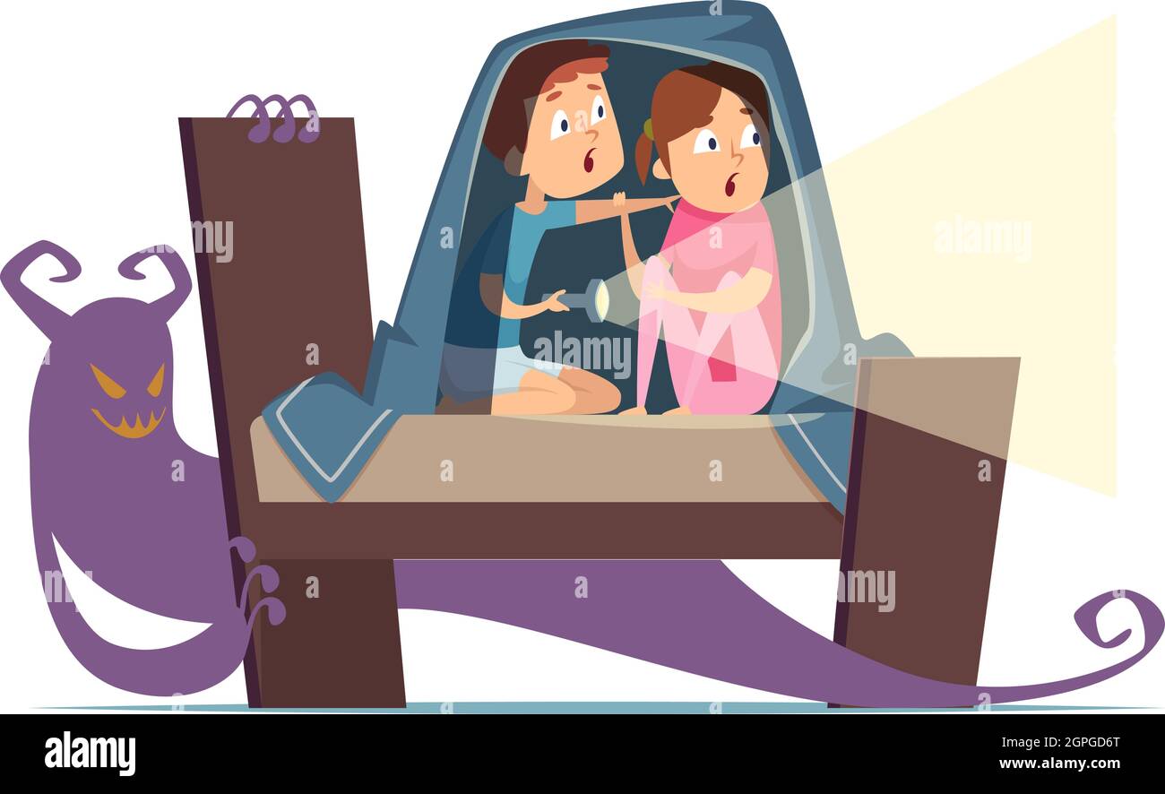 Frightened children. Kids phobia, girl boy scared monster. Brother and sister in bed with flashlight and fictional villain vector illustration Stock Vector Image & Art - Alamy Frightened children. Kids phobia, girl boy scared monster. Brother and sister in bed with flashlight and fictional villain vector illustration Stock Vector Image & Art - Alamy