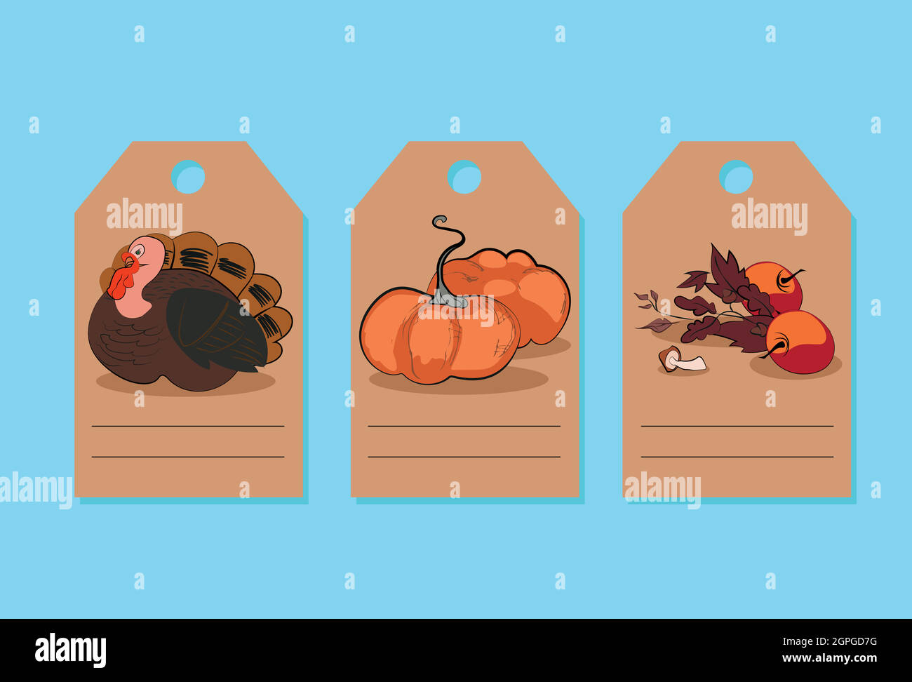 Funny Thanksgiving tags with turkey, pumpkins Stock Vector