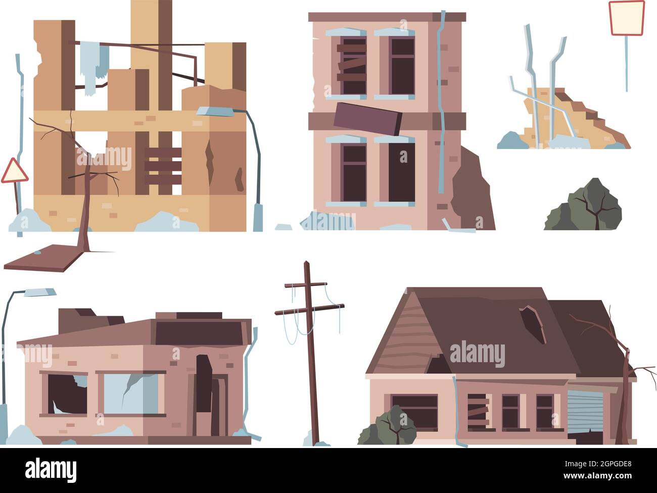 Abandoned houses. Old trouble damaged facade decayed exterior destroyed buildings vector flat pictures Stock Vector