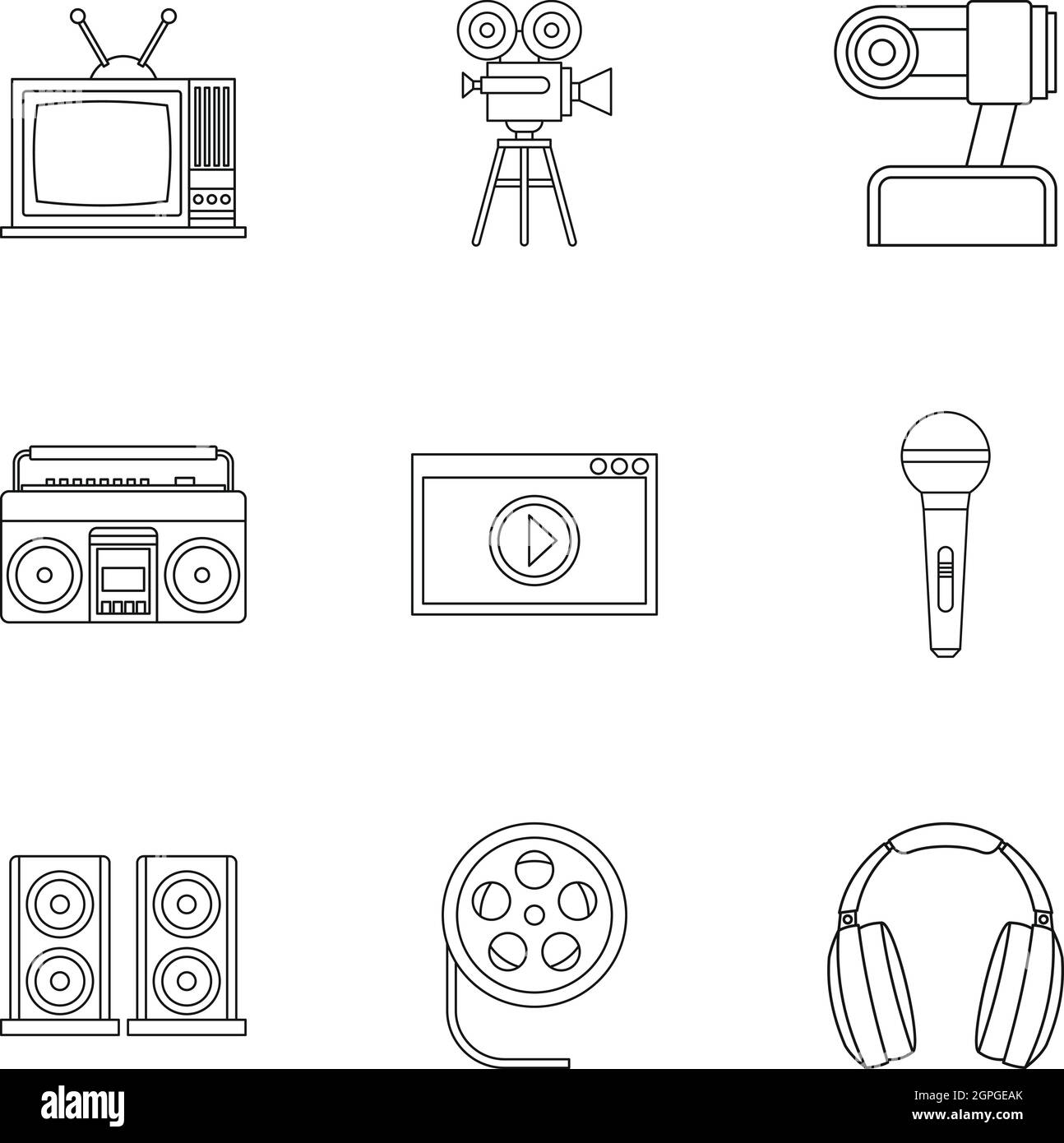 Broadcasting icons set, outline style Stock Vector