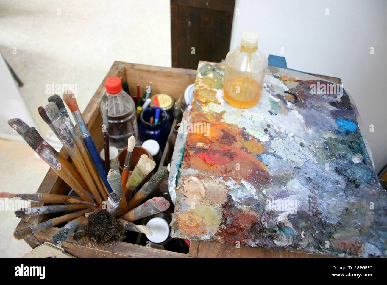 COLOR TUBES in an artist´s studio Stock Photo