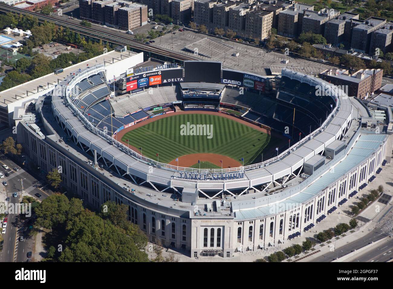 New Yankee Stadium from a helicopter on a sunny day in New York City, USA Stock Photo