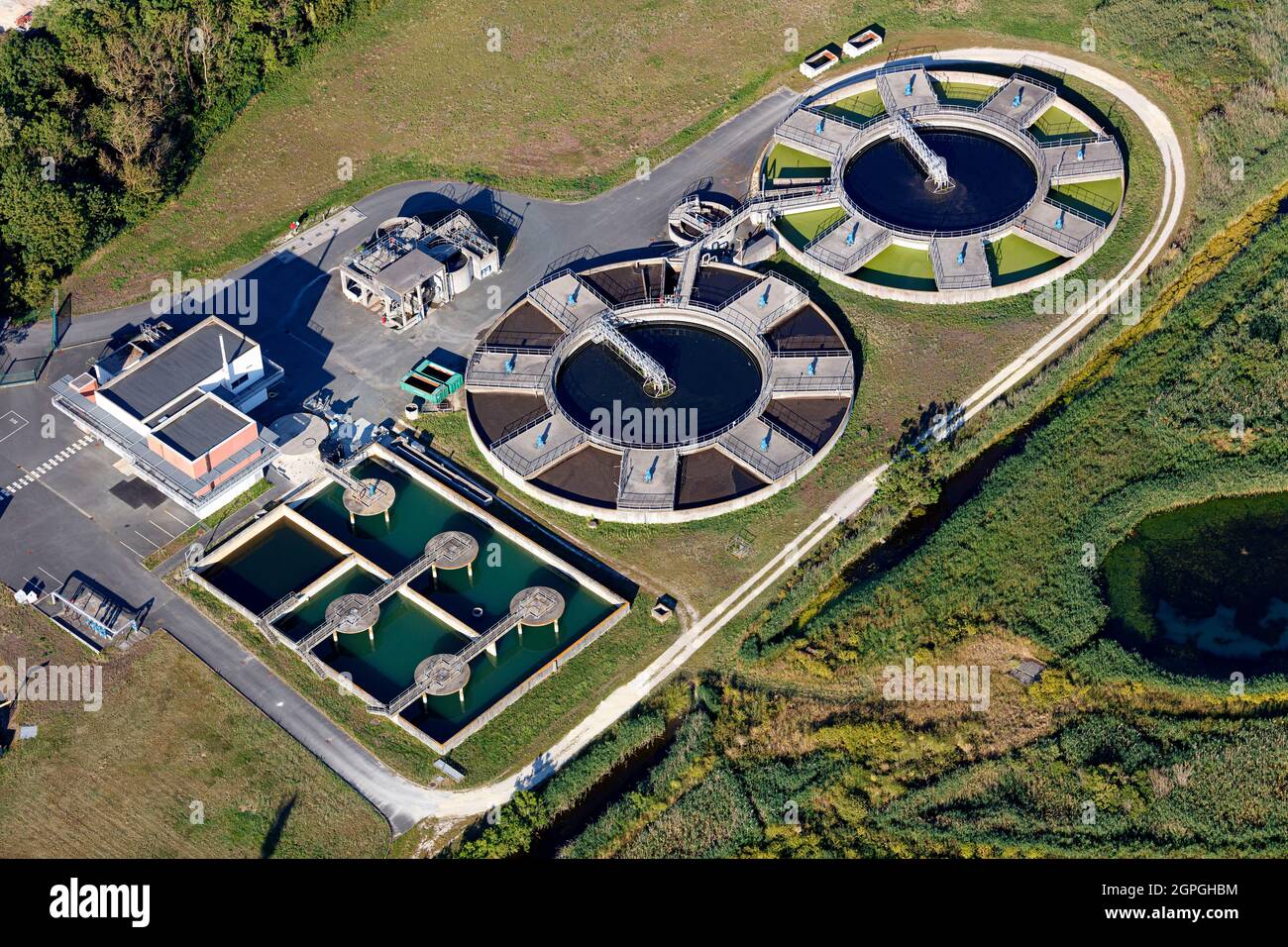 France, Charente Maritime, Saint Pierre d'Oleron, wastewater treatment plant (aerial view) Stock Photo