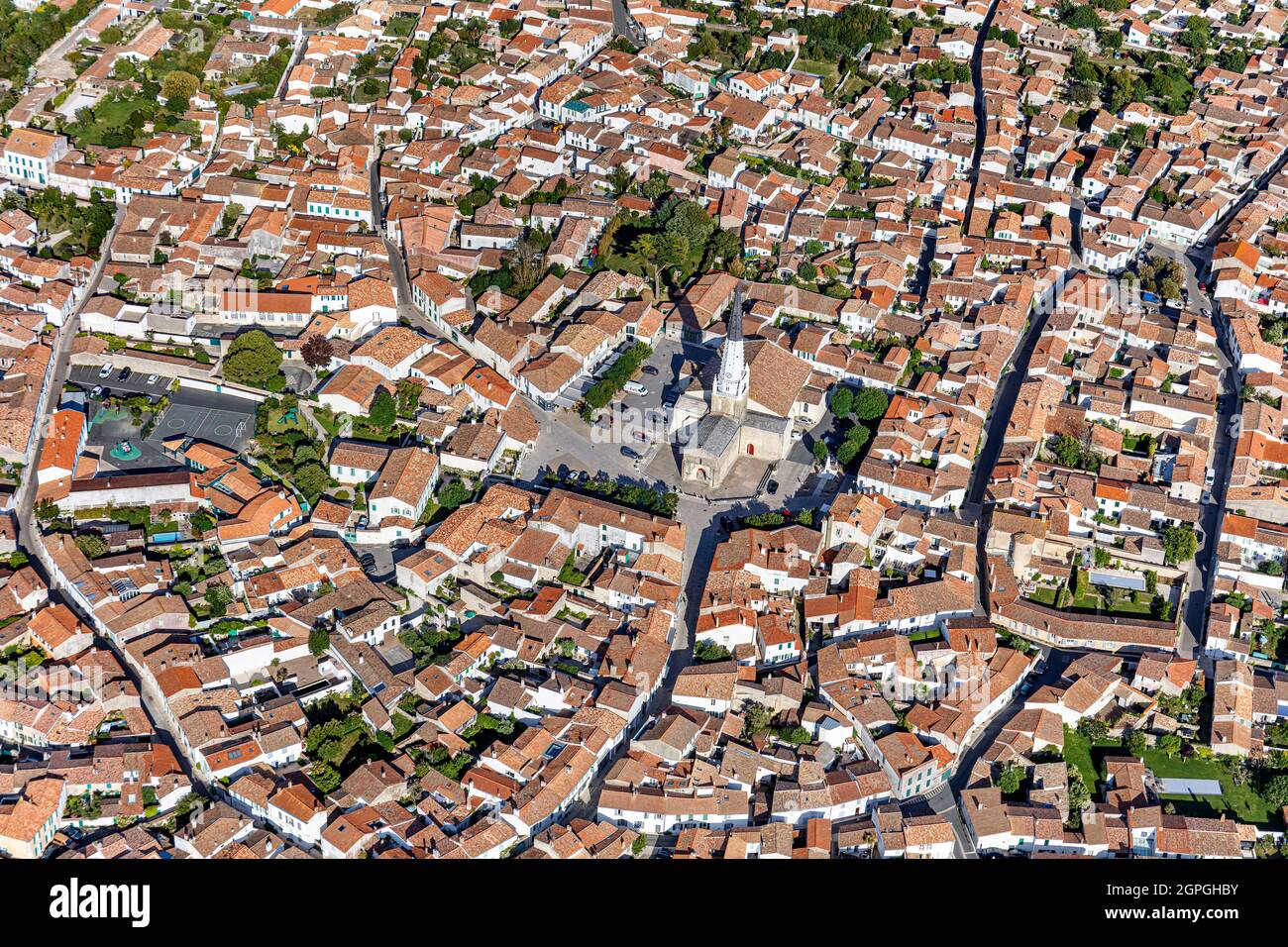 France, Charente Maritime, Ars en Re, labelled Les Plus Beaux Villages de France (The Most Beautiful Villages of France), the village (aerial view) Stock Photo