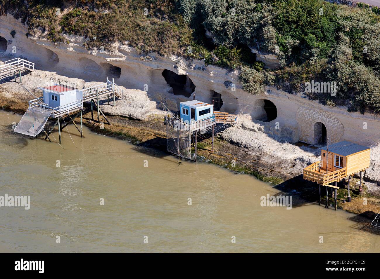 France, Charente Maritime, Meschers sur Gironde, fishery huts and caves (aerial view) Stock Photo