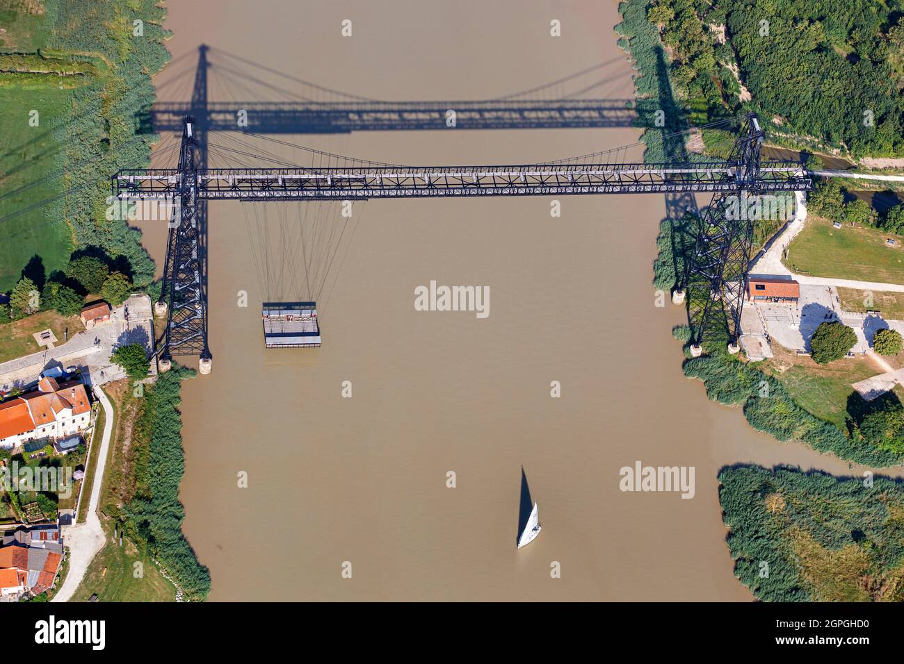 France, Charente Maritime, Rochefort, the transfer bridge over the Charente river (aerial view) Stock Photo
