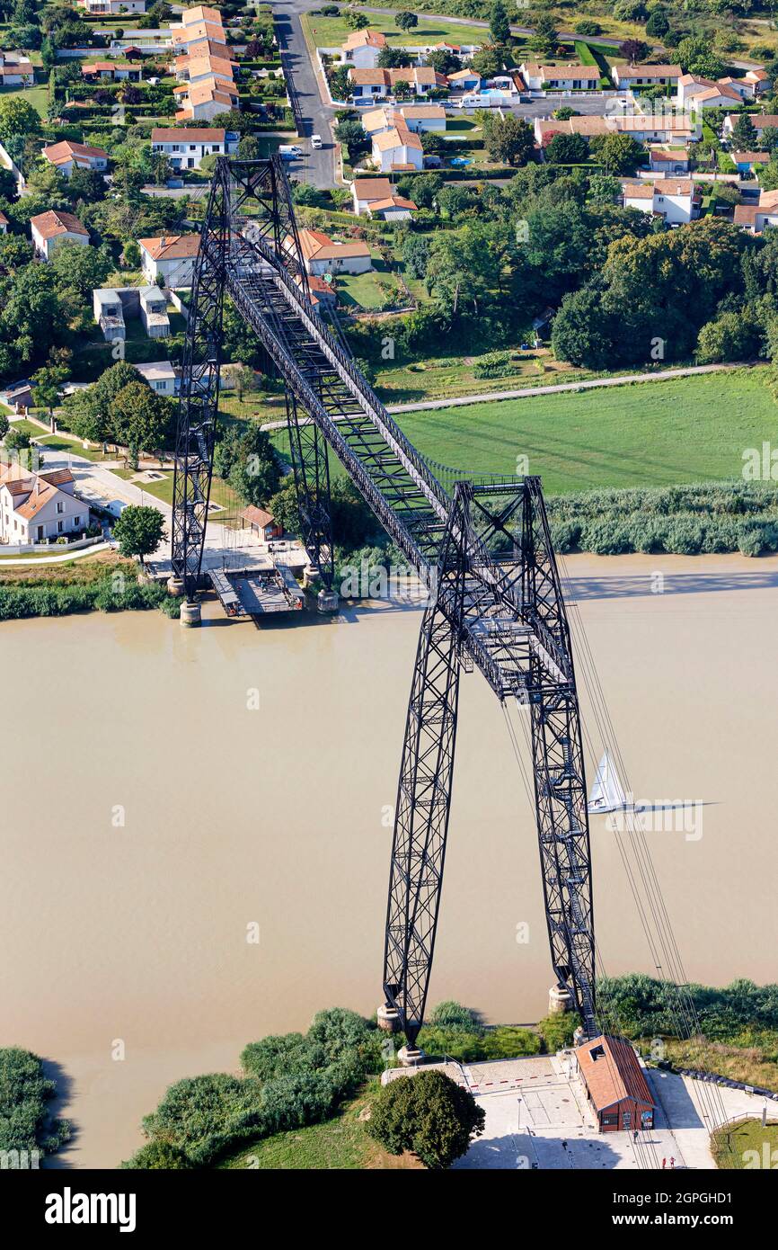 France, Charente Maritime, Rochefort, the transfer bridge over the Charente river (aerial view) Stock Photo