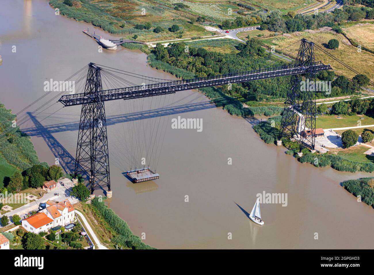 France, Charente Maritime, Rochefort, the transfer bridge over the Charente river (aerial view) Stock Photo