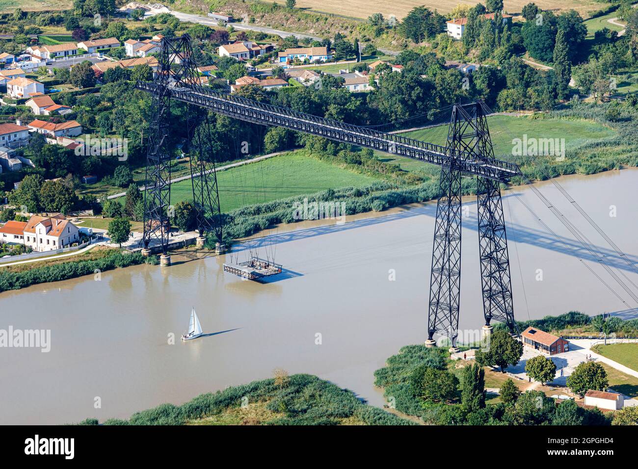 France, Charente Maritime, Rochefort, the transfer bridge over the Charente river (aerial view) Stock Photo