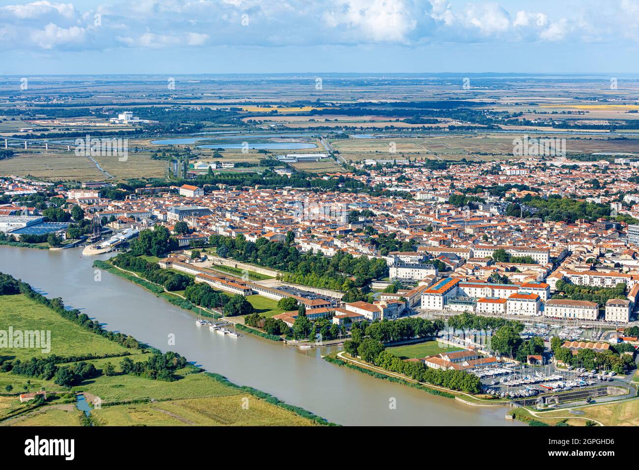 France, Charente Maritime, Rochefort, the Royal Ropery and the city on the Charente river (aerial view) Stock Photo