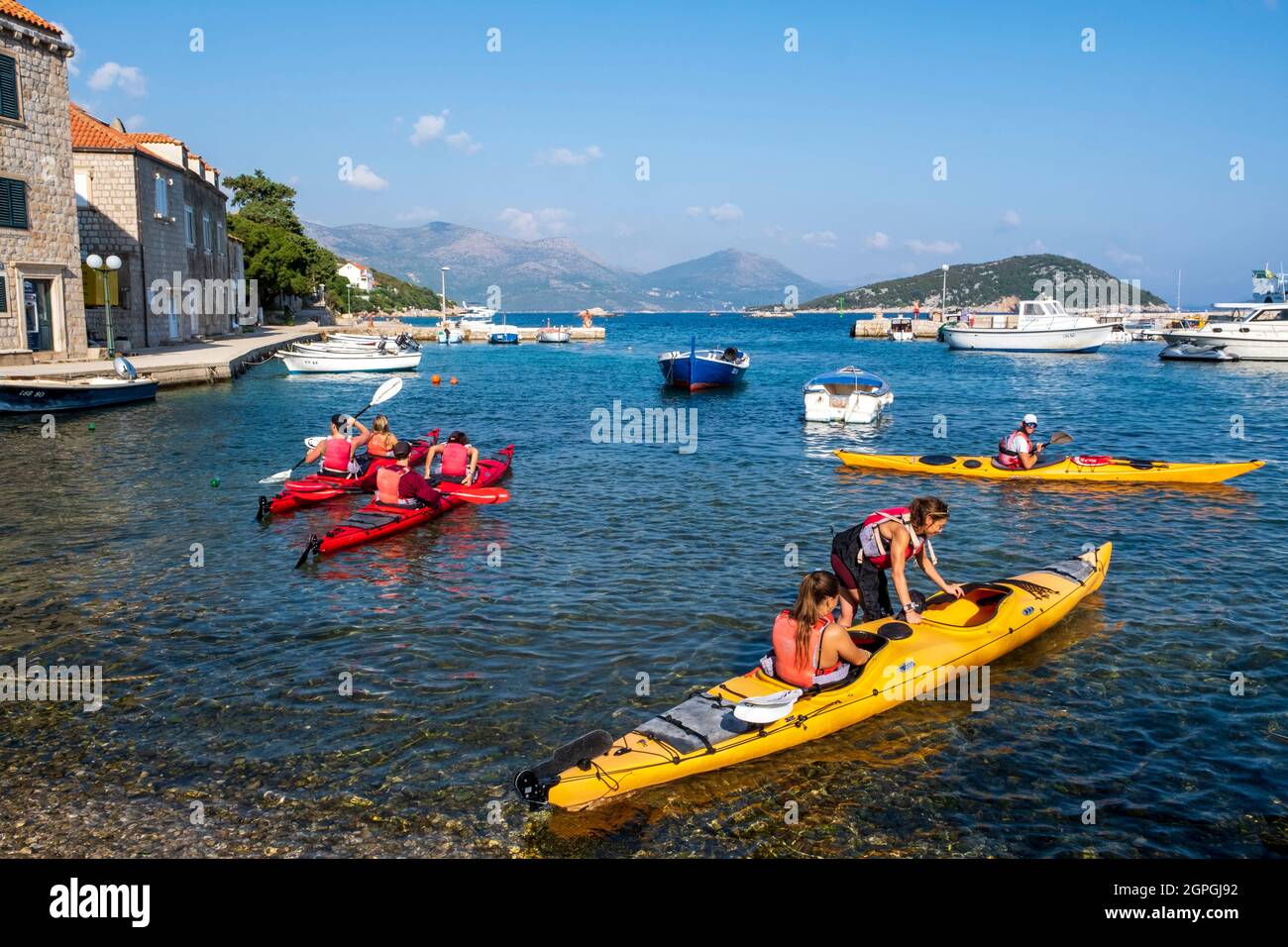 Croatia, Dalmatia, Elaphite Islands, Sipan Island, the port of Sudurad, kayakers Stock Photo