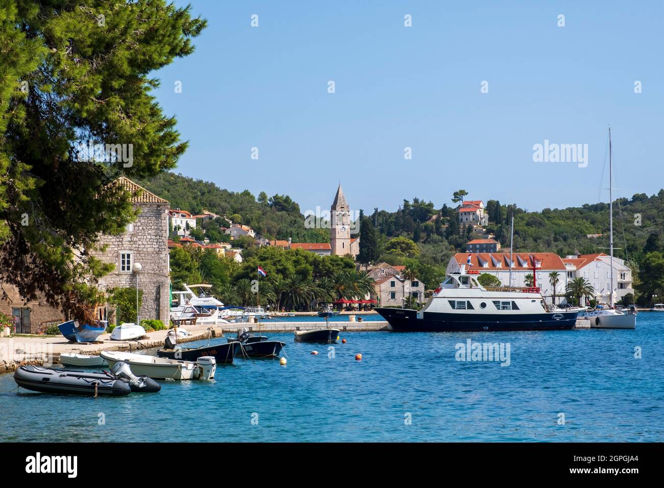 Croatia, Dalmatia, Elaphite Islands, Sipan Island, the port of Sipanska Luka Stock Photo