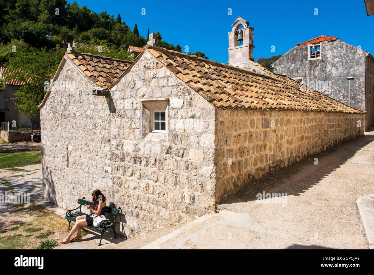 Croatia, Dalmatia, Elaphite Islands, Sipan Island, the port of Sudurad, Church of St George, built in the 15th century Stock Photo