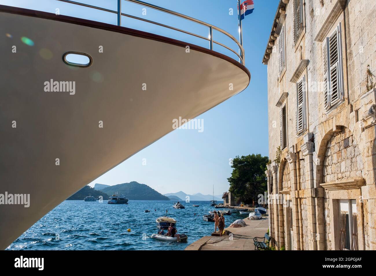 Croatia, Dalmatia, Elaphite Islands, Sipan Island, the port of Sipanska Luka, yacht Stock Photo