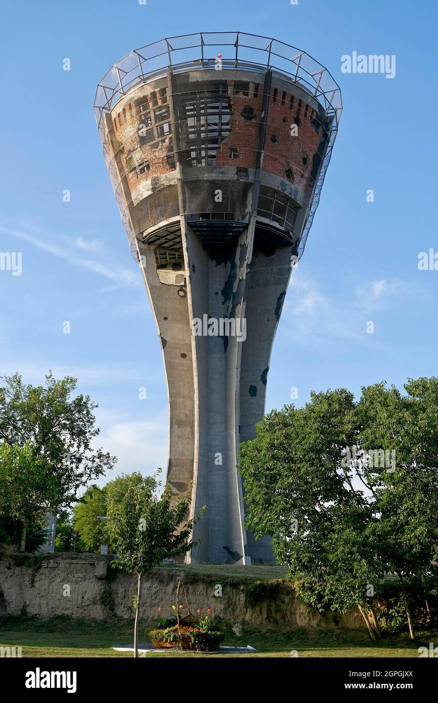 Croatia, Slavonia, Vukovar, the water tower, symbol of the city's resistance against the enemy during the siege of Vukovar in 1991, hit more than 600 times in 3 months, now a memorial Stock Photo