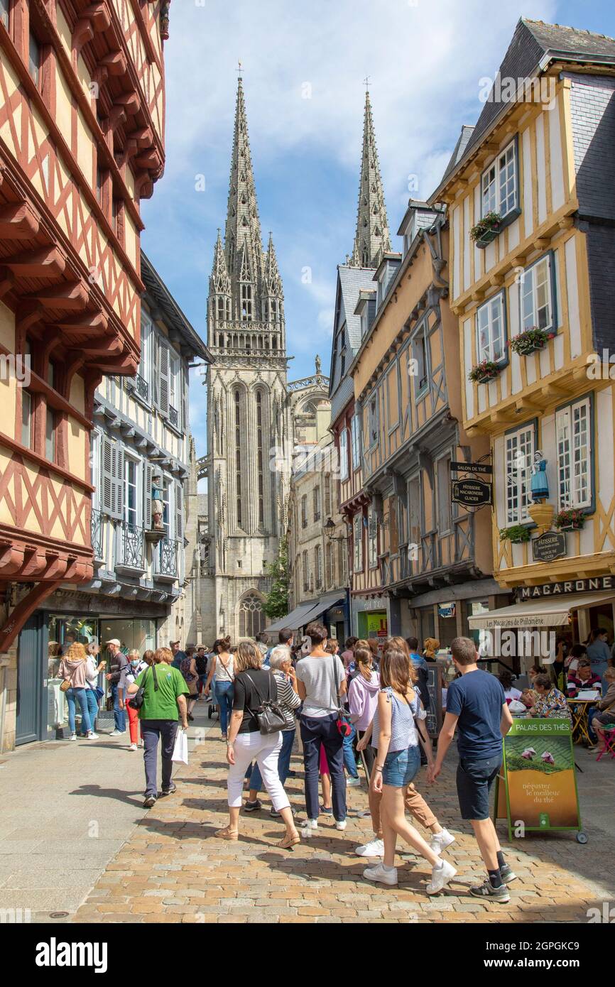 France, Finistere, Quimper, Kereon street and Saint Corentin Cathedral Stock Photo