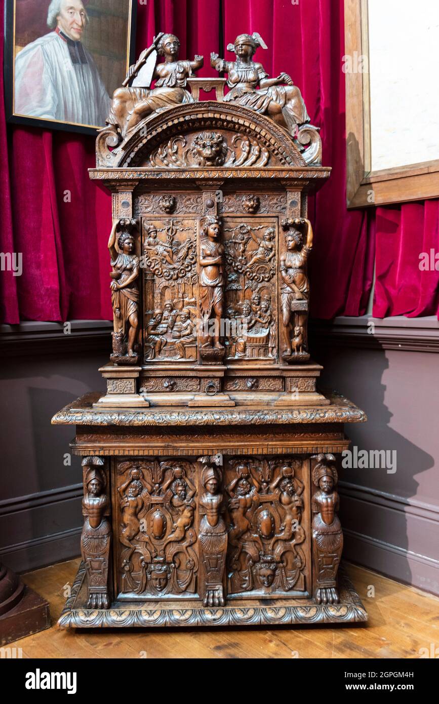 France, Eure, Pont Audemer, Alfred Canel Museum, Renaissance carved wood cabinet Stock Photo