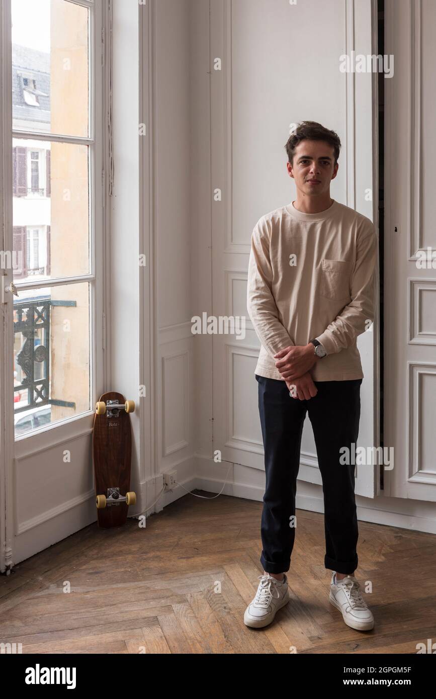 France, Eure, Pont Audemer, Portrait of Olivier Lebas, co founder of the AVN clothing line, Atelier de la Venise Normande Stock Photo