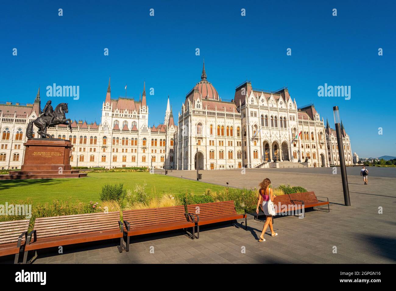 Hungary, Budapest, listed as World Heritage by UNESCO, Pest district, the Hungarian Parliament and the equestrian statue of Rakoczi Ferenc Stock Photo