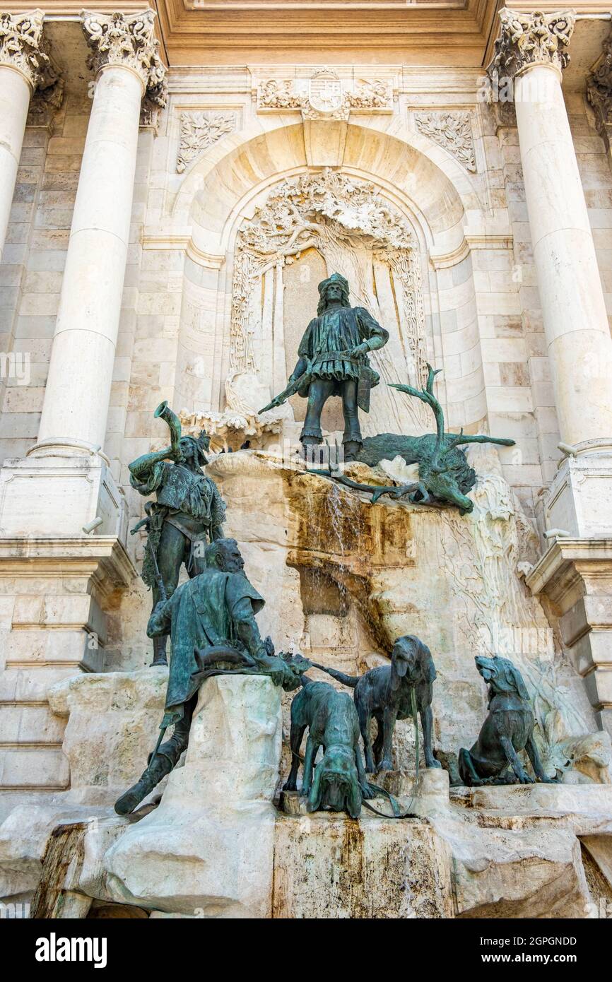 Hungary, Budapest, Buda, the Royal Palace on the Buda Castle Hill listed as World Heritage by UNESCO and the King Mathias Fountain, work of sculptor Alajos Strobl Stock Photo