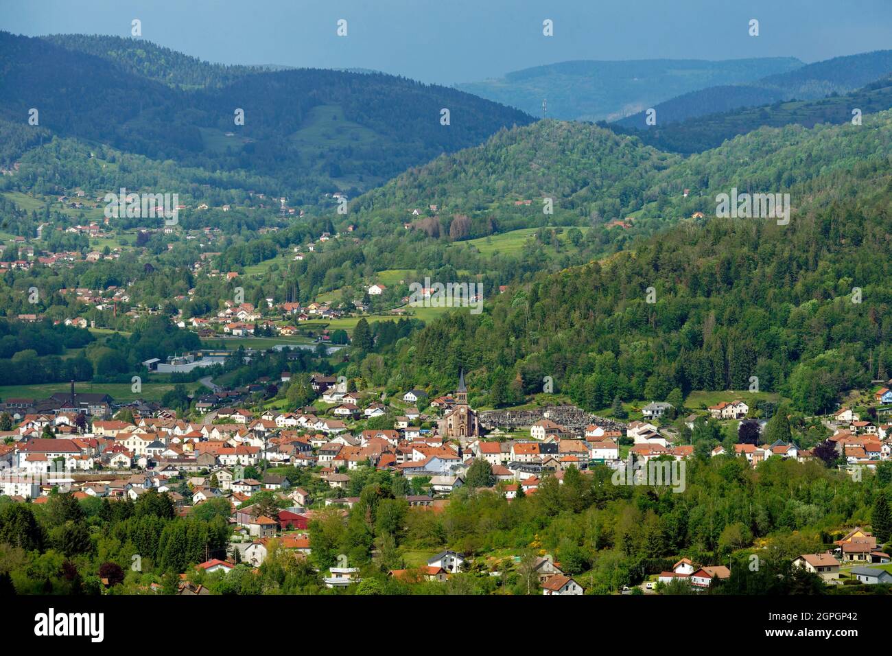 France, Haute Saone, mountain of Ballon de Servance, Col des Croix, overlooking Le Thillot Stock Photo