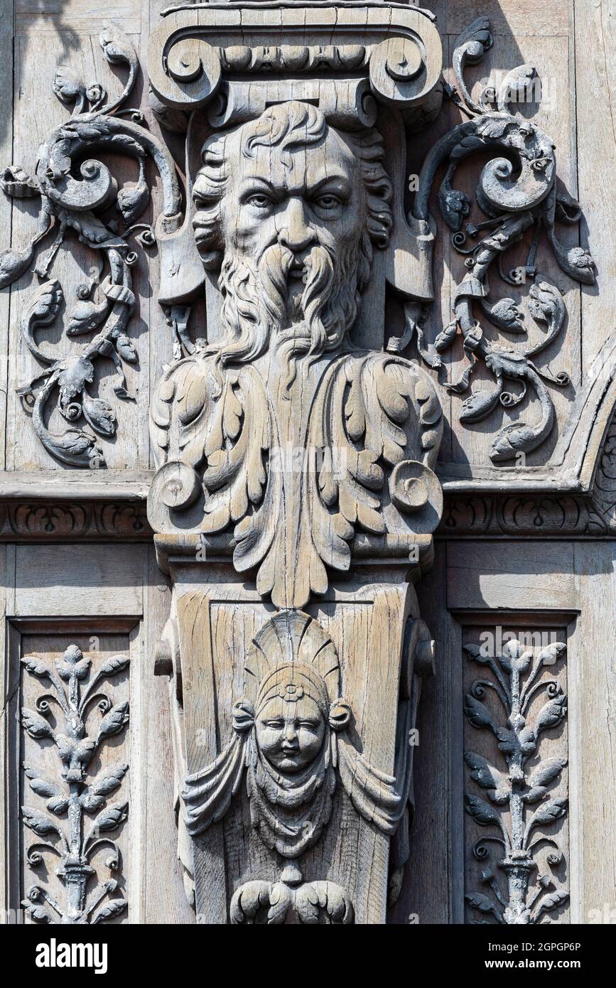 France, Seine Maritime, Rouen, Maison Marrou, detial of the carved wooden facade Stock Photo