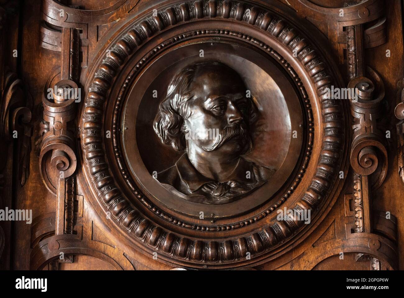 France, Seine Maritime, Rouen, Maison Marrou, fireplace detail, carved wood, Gustave Flaubert Stock Photo
