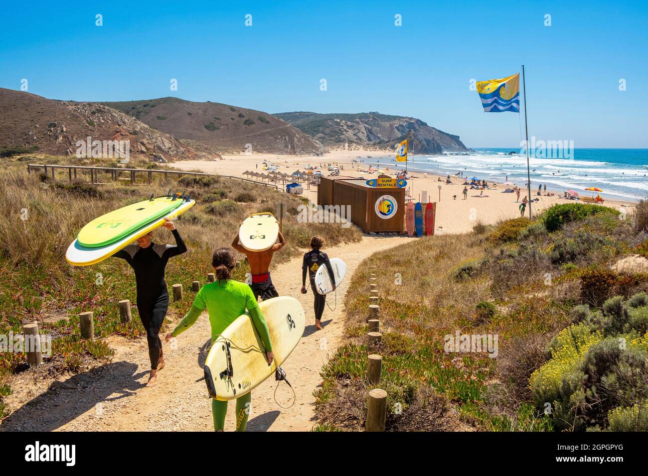 Portugal, Algarve, West Atlantic coast, Praia do Amado surfers beach Stock Photo